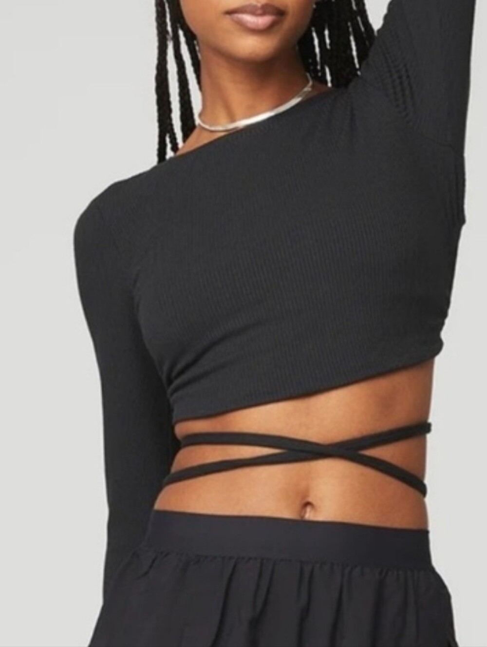 ALO Yoga Black Ribbed Long-Sleeve Wrap Crop Top
